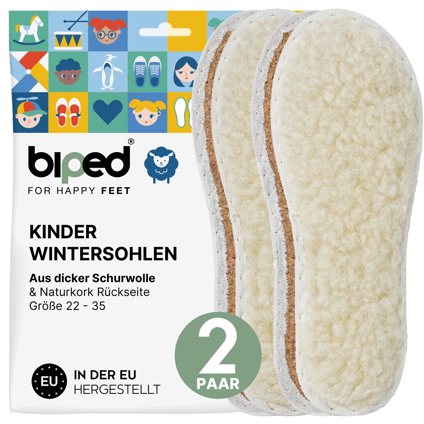 biped 2 Paar Kinder Einlegesohlen aus Schafwolle und echtem Kork z2765