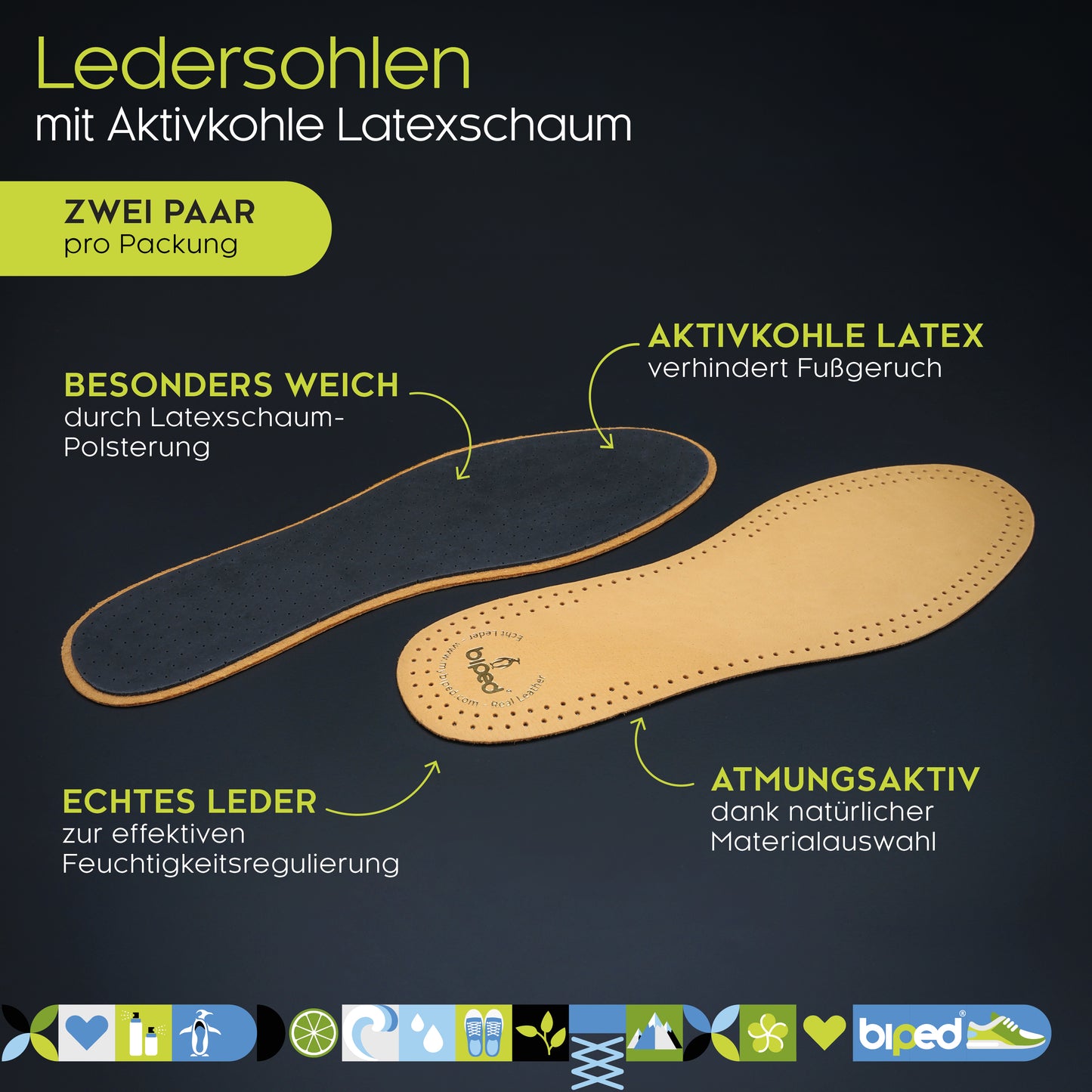 biped 2 Paar Premium Leder Einlegesohlen mit Aktivkohle Latex z2763