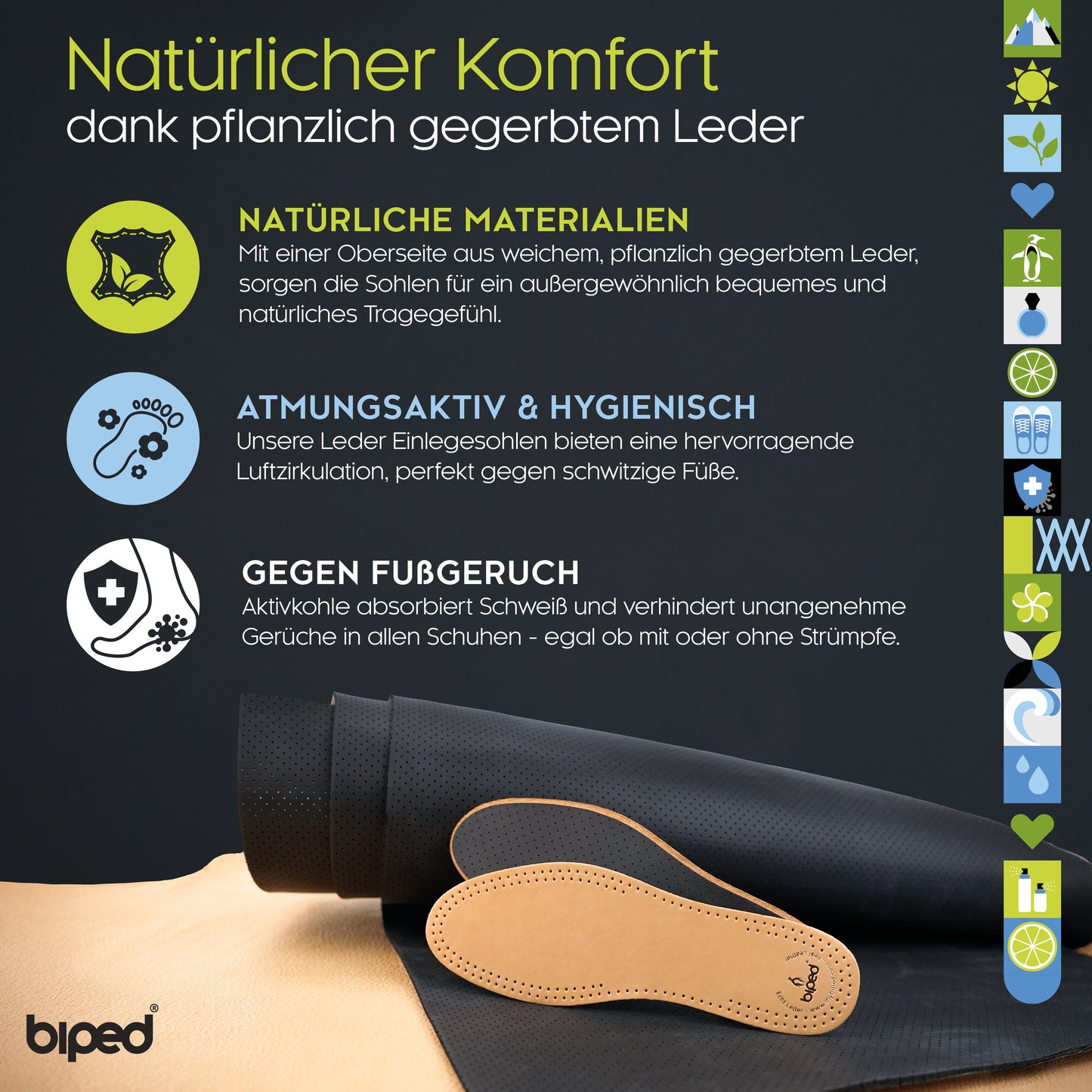 biped 2 Paar Premium Leder Einlegesohlen mit Aktivkohle Latex z2763