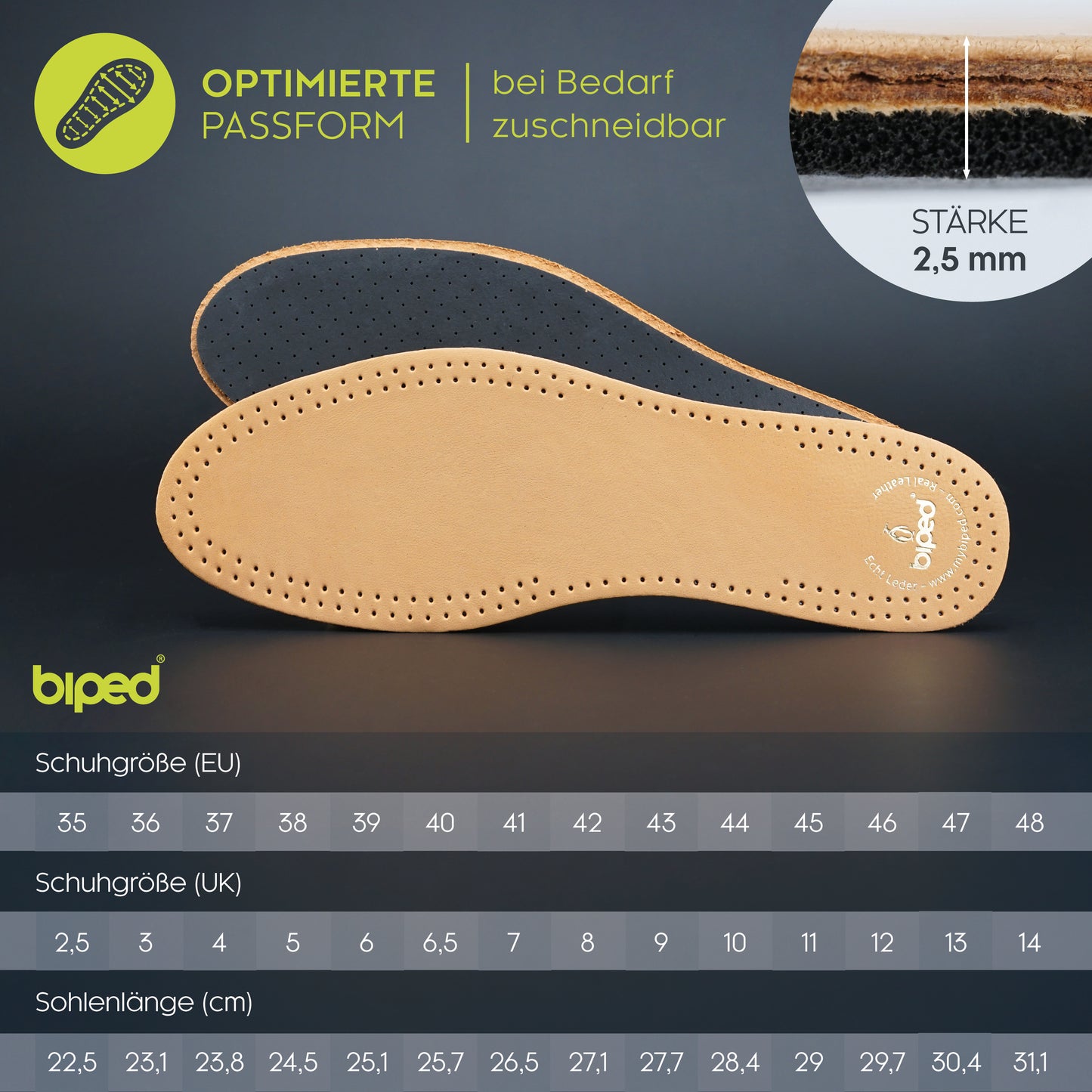 biped 2 Paar Premium Leder Einlegesohlen mit Aktivkohle Latex z2763