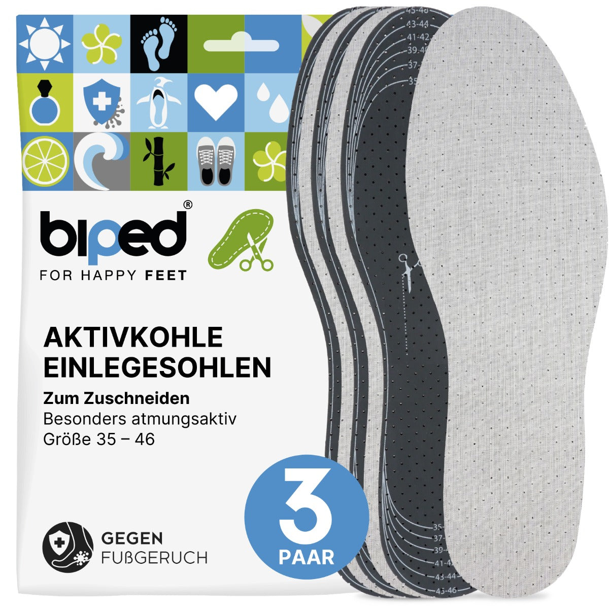 biped 3 Paar Aktivkohle Latex Einlegesohlen - zuschneidbar z2724