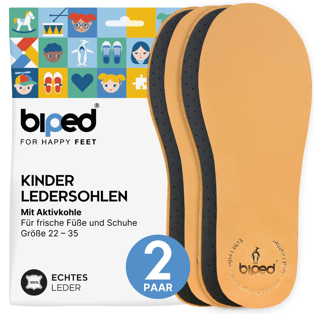 biped 2 Paar Kinder Premium Leder Einlegesohlen mit Aktivkohle Latex z2766