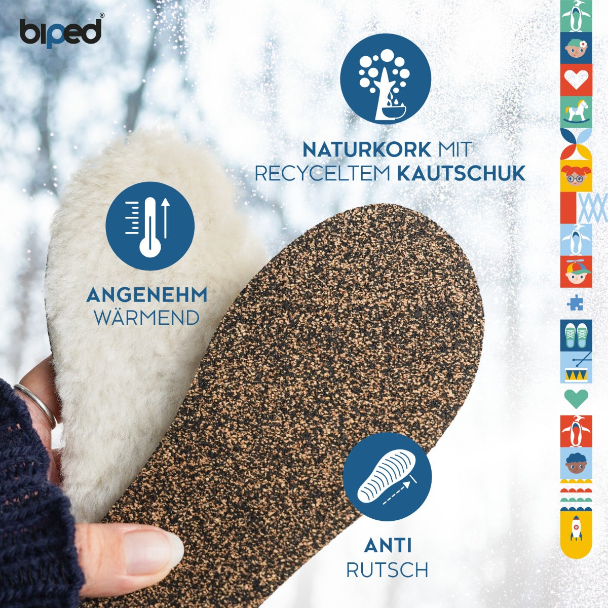 biped Kinder Premium Lammfellsohlen mit Kork und recyceltem Kautschuk z1024