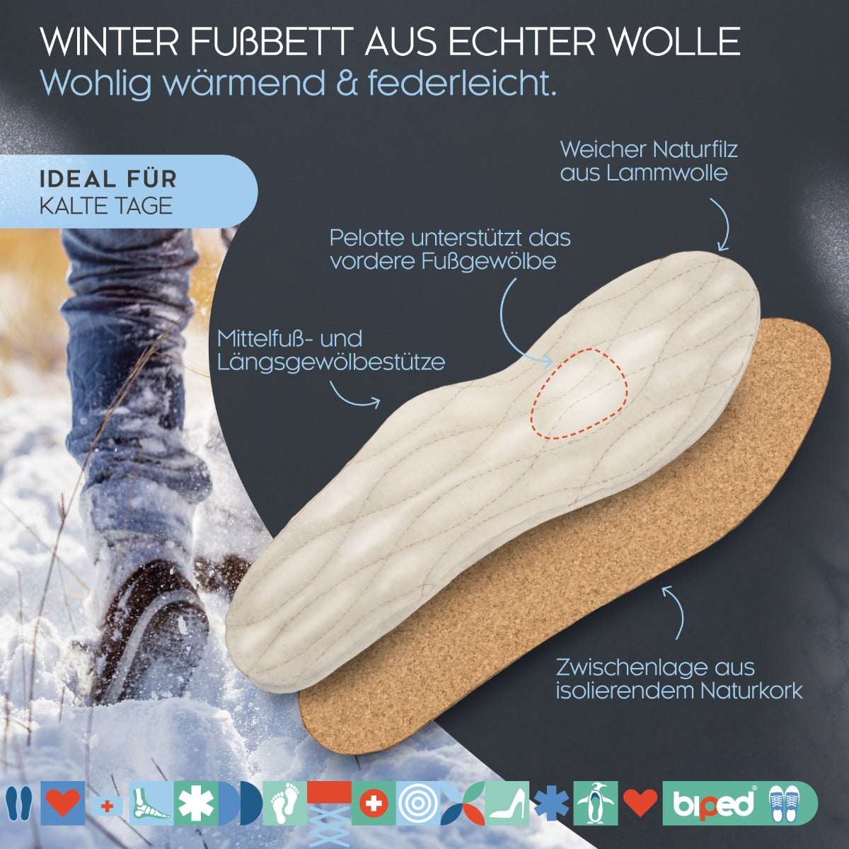 biped Winter Fußbett mit echter Lammwolle und Naturkork z1715