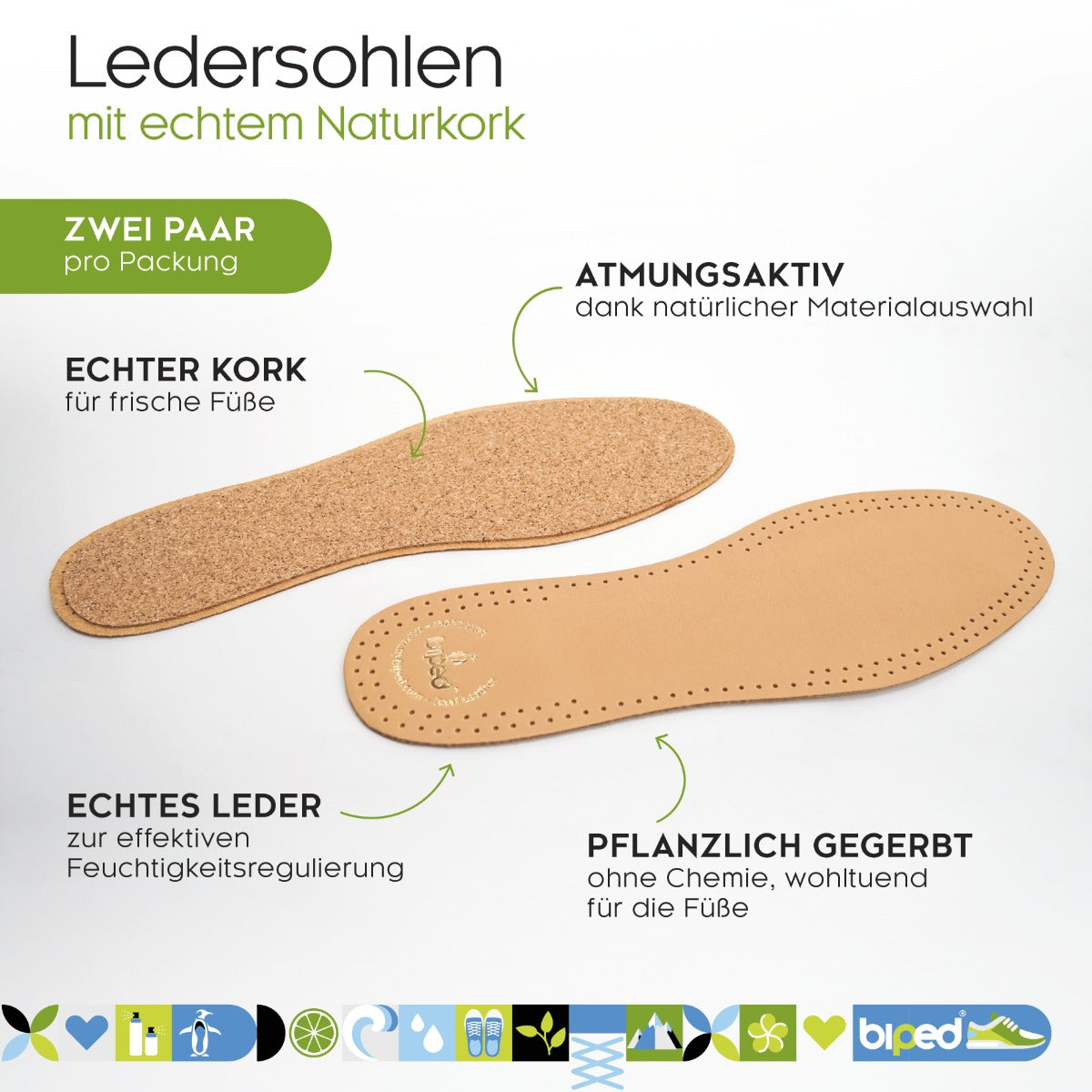 biped 2 Paar Premium Leder Einlegesohlen mit Kork Unterseite z2762