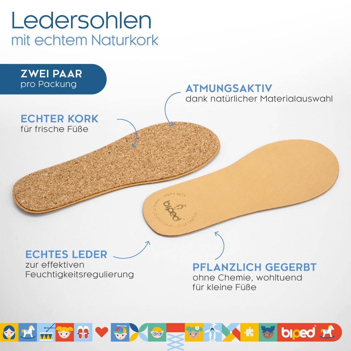 biped 2 Paar Kinder Premium Ledersohlen mit Kork Unterseite z2767