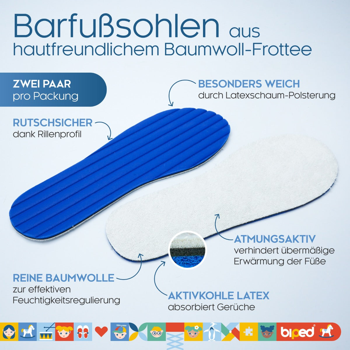 biped 2 Paar Kinder Baumwoll-Frotteesohlen mit Aktivkohle z2771