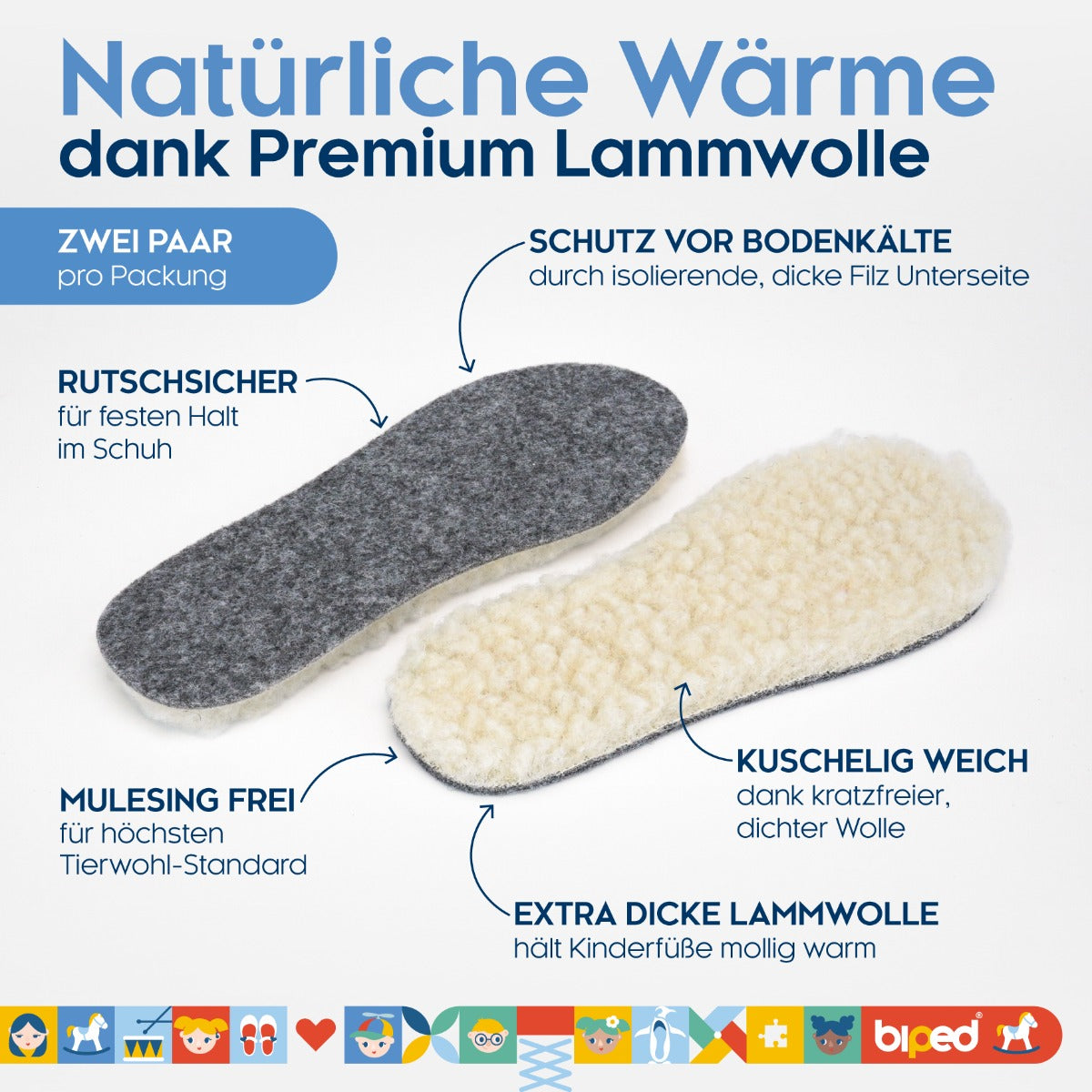 biped 2 Paar Kinder Wollsohlen mit extra dicker Lammwolle und Filz z2690