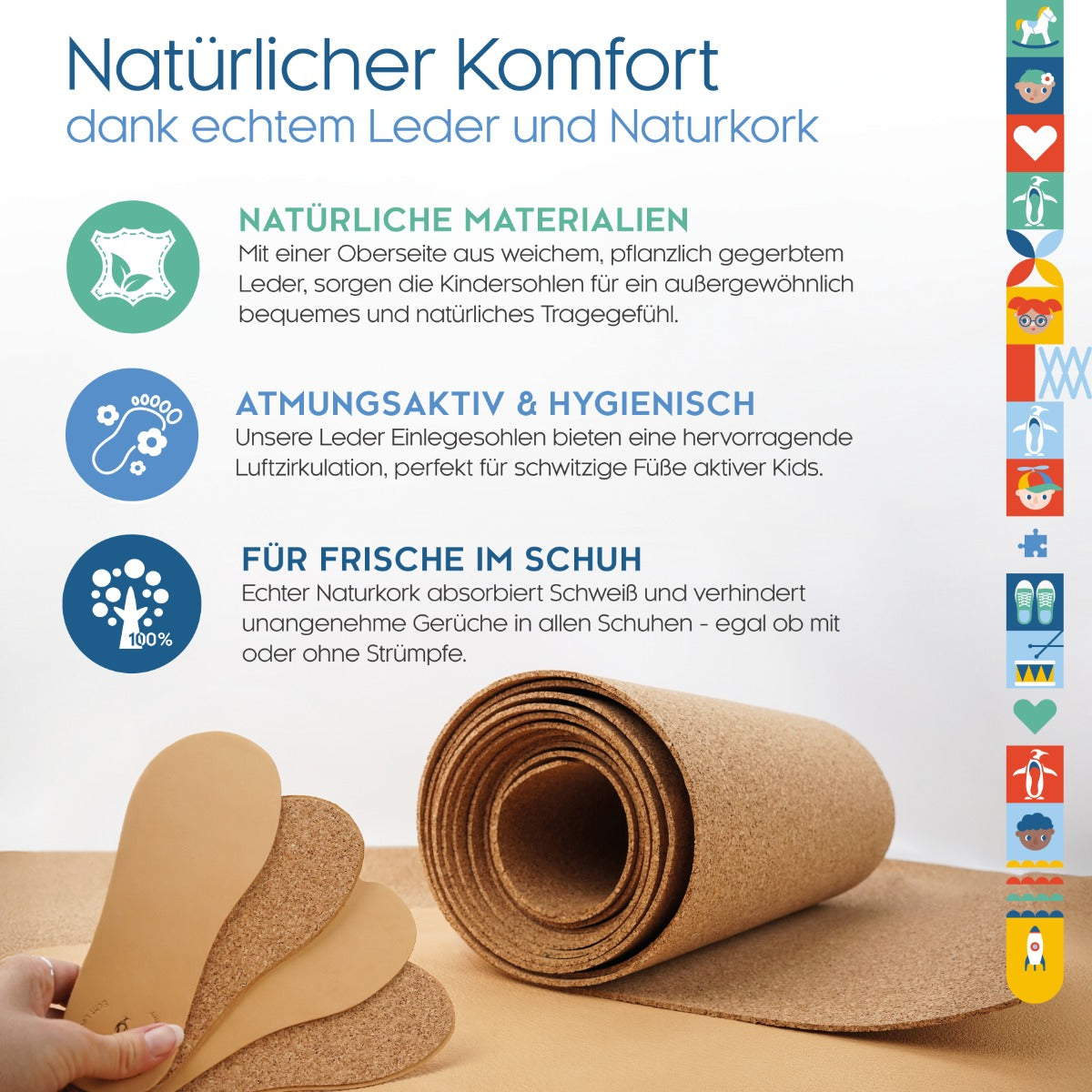 biped 2 Paar Kinder Premium Ledersohlen mit Kork Unterseite z2767