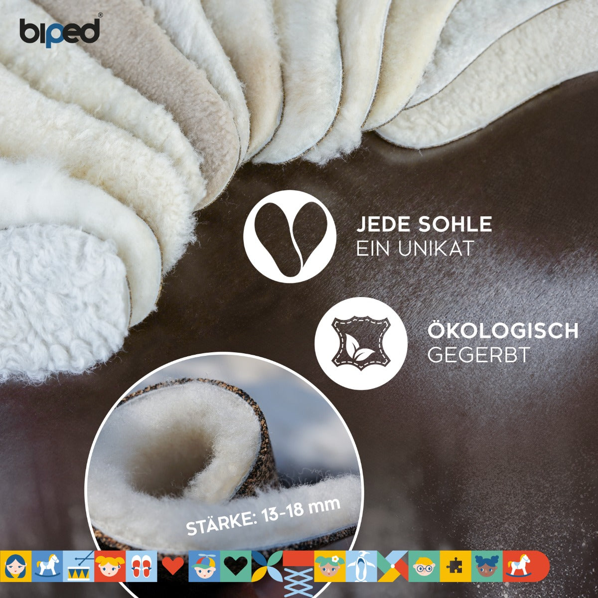biped Kinder Premium Lammfellsohlen mit Kork und recyceltem Kautschuk z1024