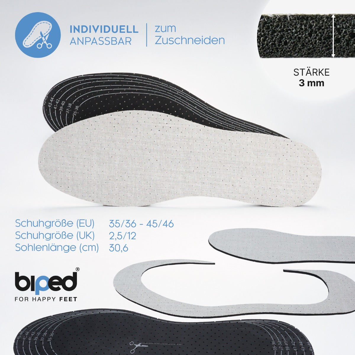 biped 3 Paar Aktivkohle Latex Einlegesohlen - zuschneidbar z2724