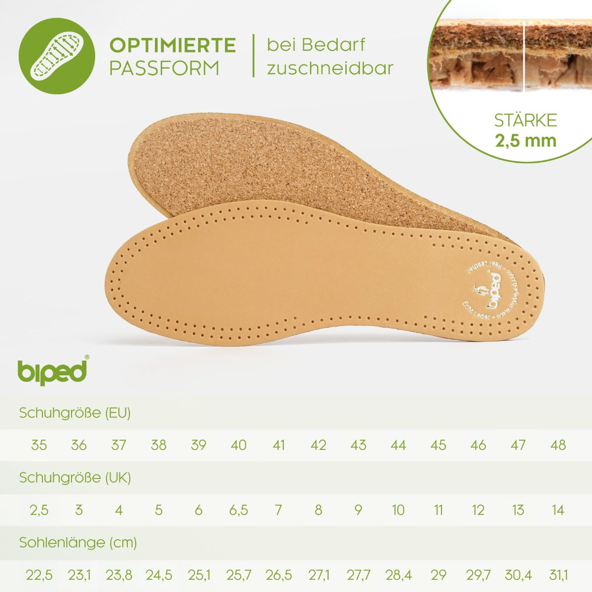 biped 2 Paar Premium Leder Einlegesohlen mit Kork Unterseite z2762
