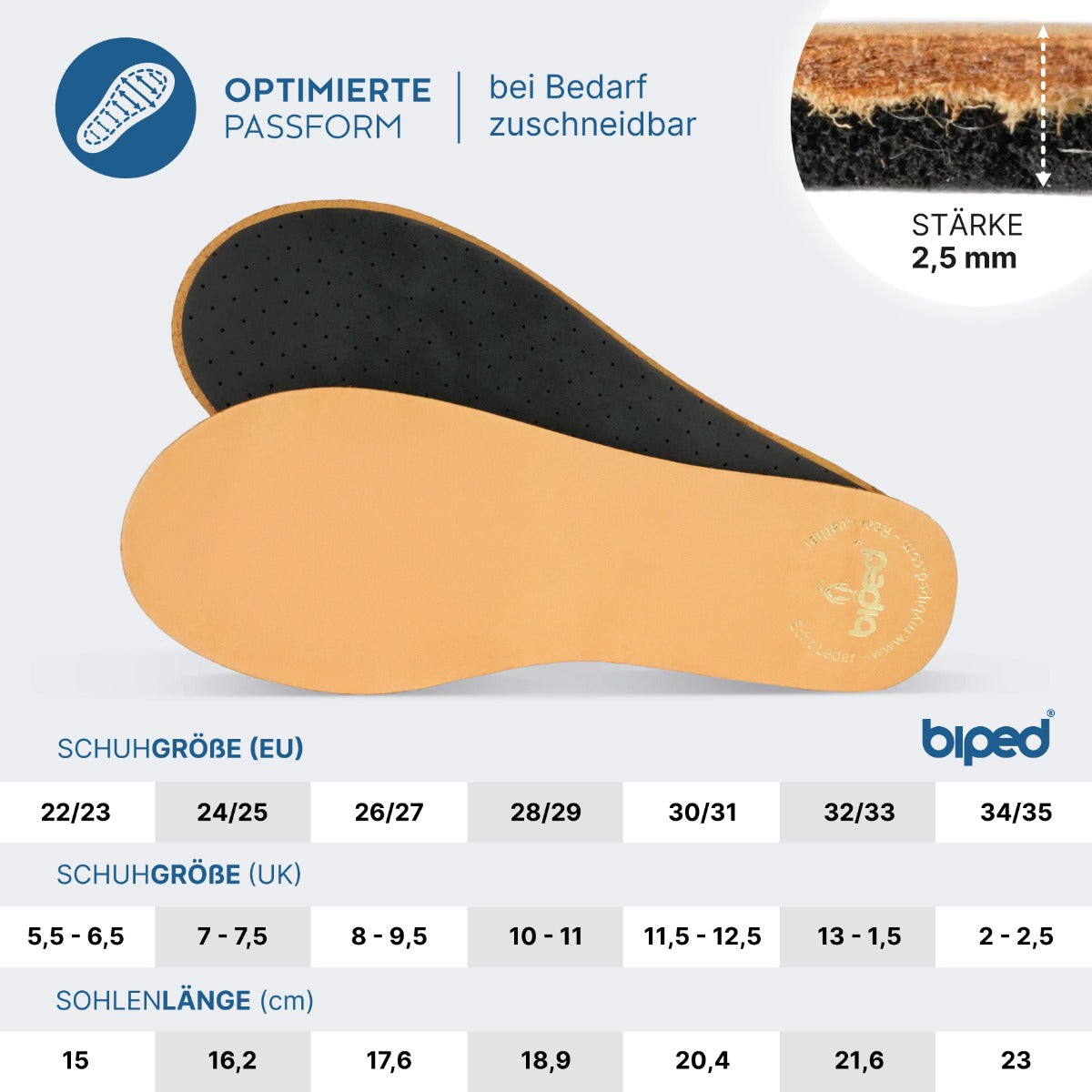 biped 2 Paar Kinder Premium Leder Einlegesohlen mit Aktivkohle Latex z2766