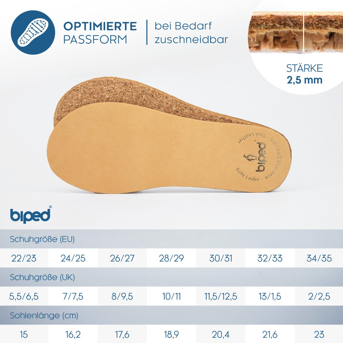 biped 2 Paar Kinder Premium Ledersohlen mit Kork Unterseite z2767