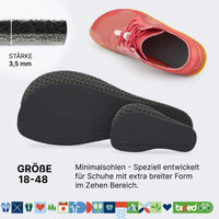 biped minimal sole VIANA - 2 Paar Aktivkohle Einlegesohlen mit Oberseite aus echter Baumwolle - spezielle Form für Barfußschuhe - für Erwachsene und Kinder