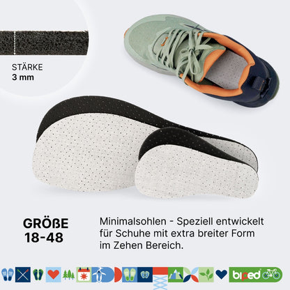 biped minimal sole ESTELLA - 3 Paar Aktivkohle Einlegesohlen – spezielle Form für Barfußschuhe