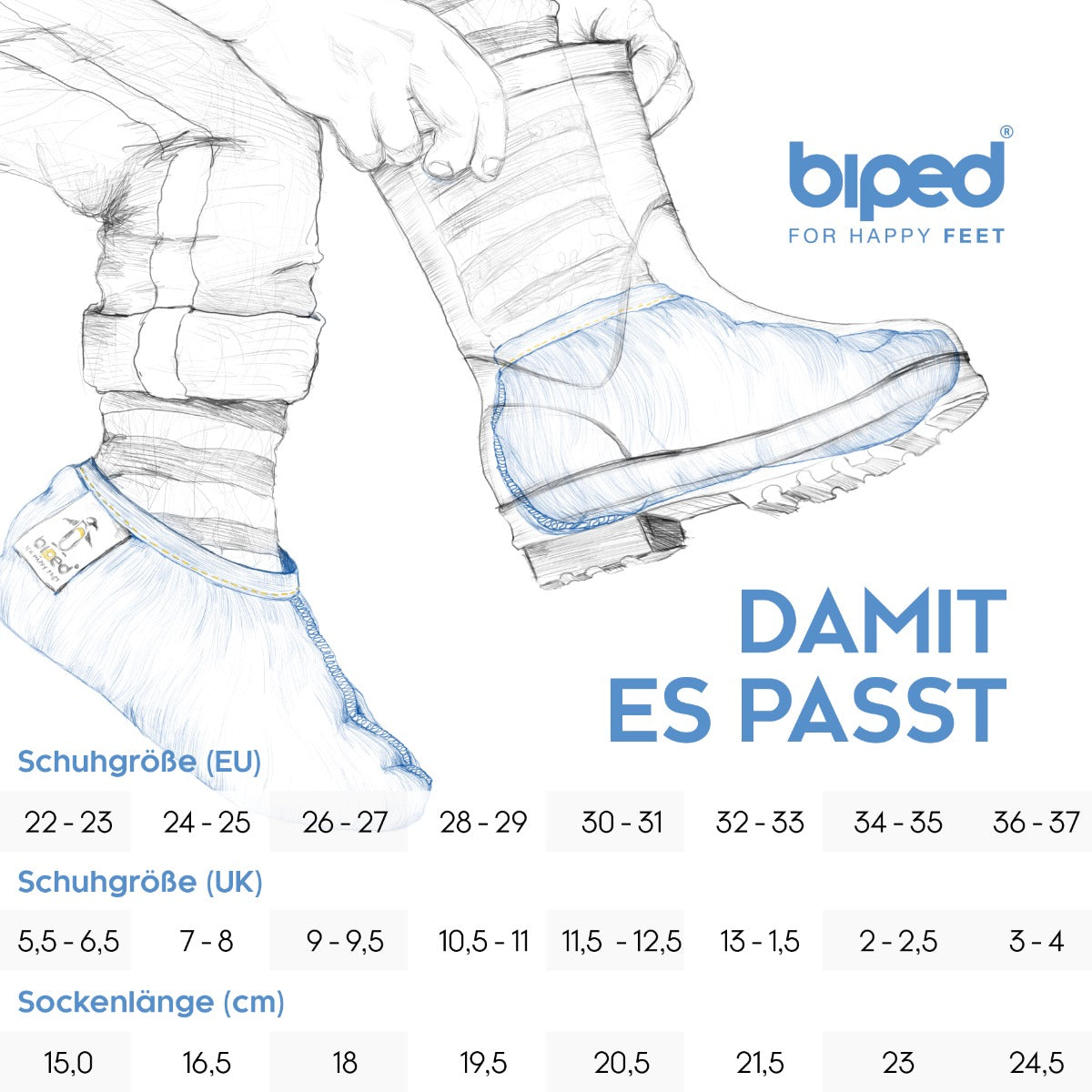 biped Kinder Stiefelsocken ZWERGPINGUIN – aus echter Baumwolle – Futter für Gummistiefel z2742