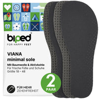 biped minimal sole VIANA - 2 Paar Aktivkohle Einlegesohlen mit Oberseite aus echter Baumwolle - spezielle Form für Barfußschuhe - für Erwachsene und Kinder