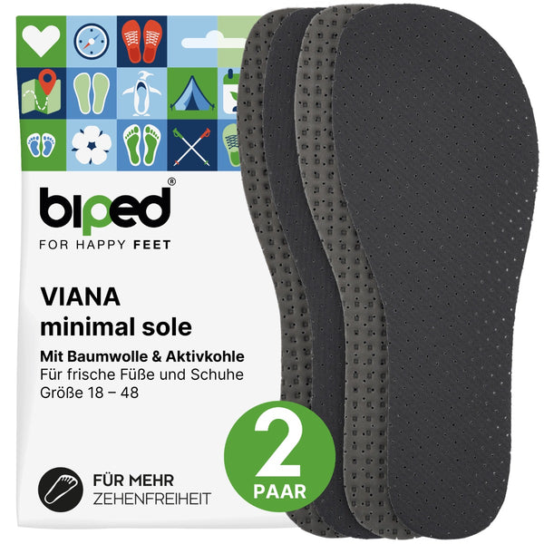 biped minimal sole VIANA - 2 Paar Aktivkohle Einlegesohlen mit Oberseite aus echter Baumwolle - spezielle Form für Barfußschuhe - für Erwachsene und Kinder