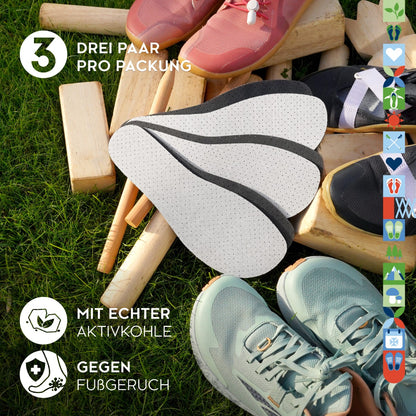 biped minimal sole ESTELLA - 3 Paar Aktivkohle Einlegesohlen – spezielle Form für Barfußschuhe