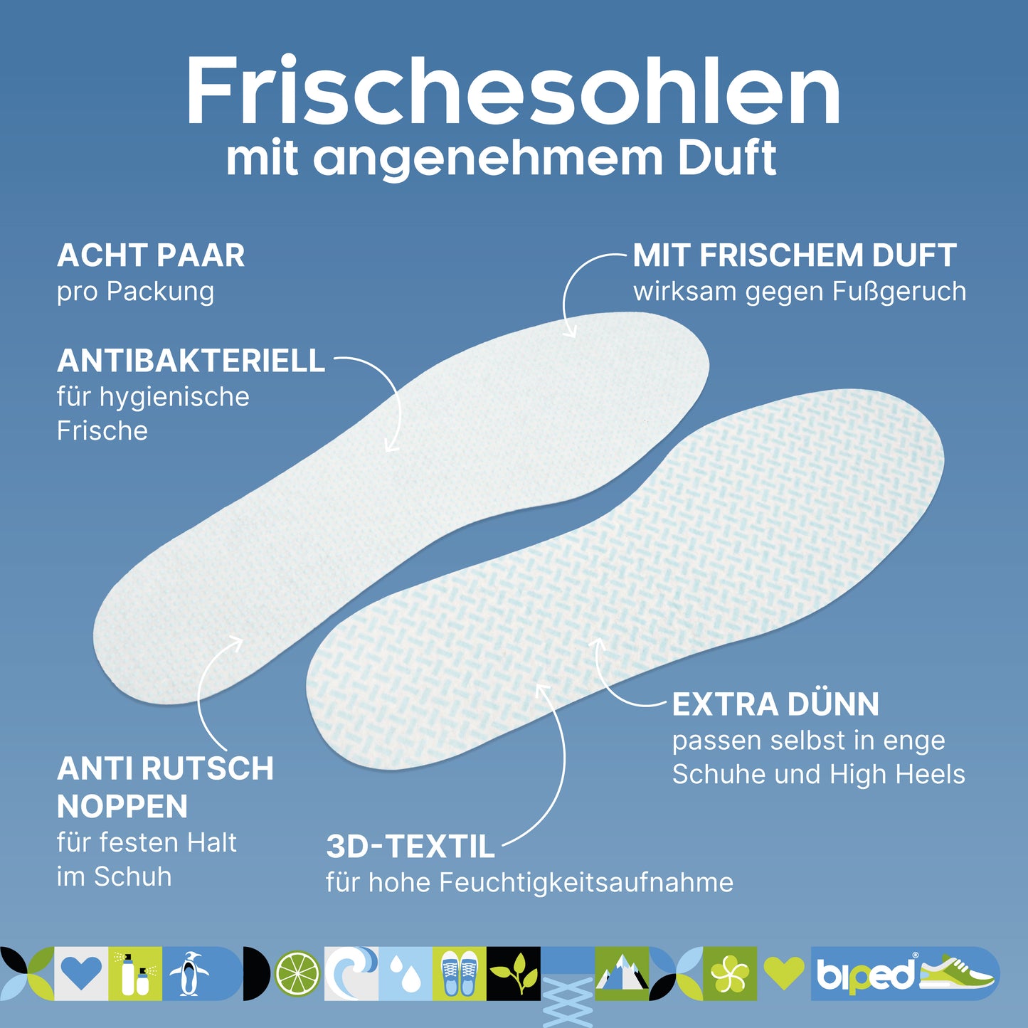 biped FRESH! 8 Paar Frischesohlen clean breeze - Extra dünne Einlegesohlen mit frischem Duft z1019