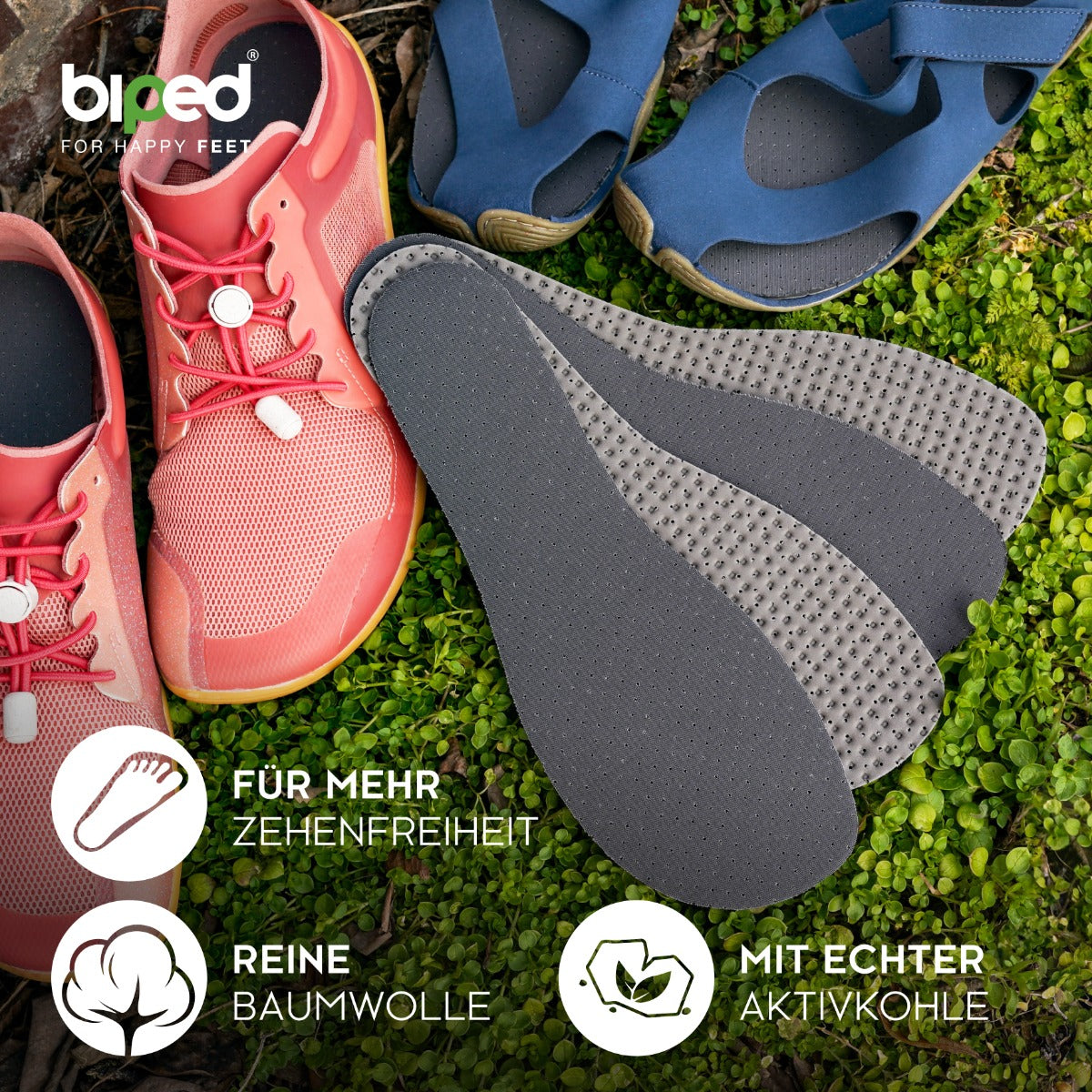 biped minimal sole VIANA - 2 Paar Aktivkohle Einlegesohlen mit Oberseite aus echter Baumwolle - spezielle Form für Barfußschuhe - für Erwachsene und Kinder