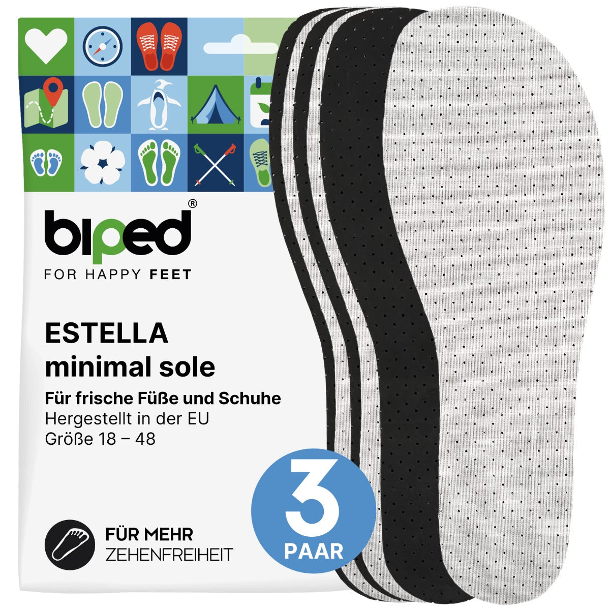 biped minimal sole ESTELLA - 3 Paar Aktivkohle Einlegesohlen – spezielle Form für Barfußschuhe