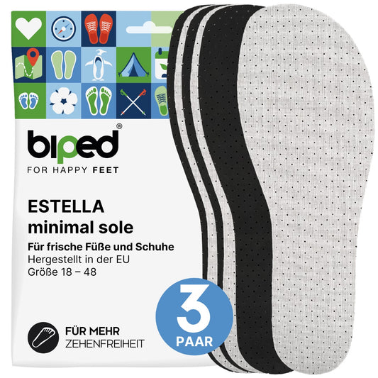 biped minimal sole ESTELLA - 3 Paar Aktivkohle Einlegesohlen – spezielle Form für Barfußschuhe