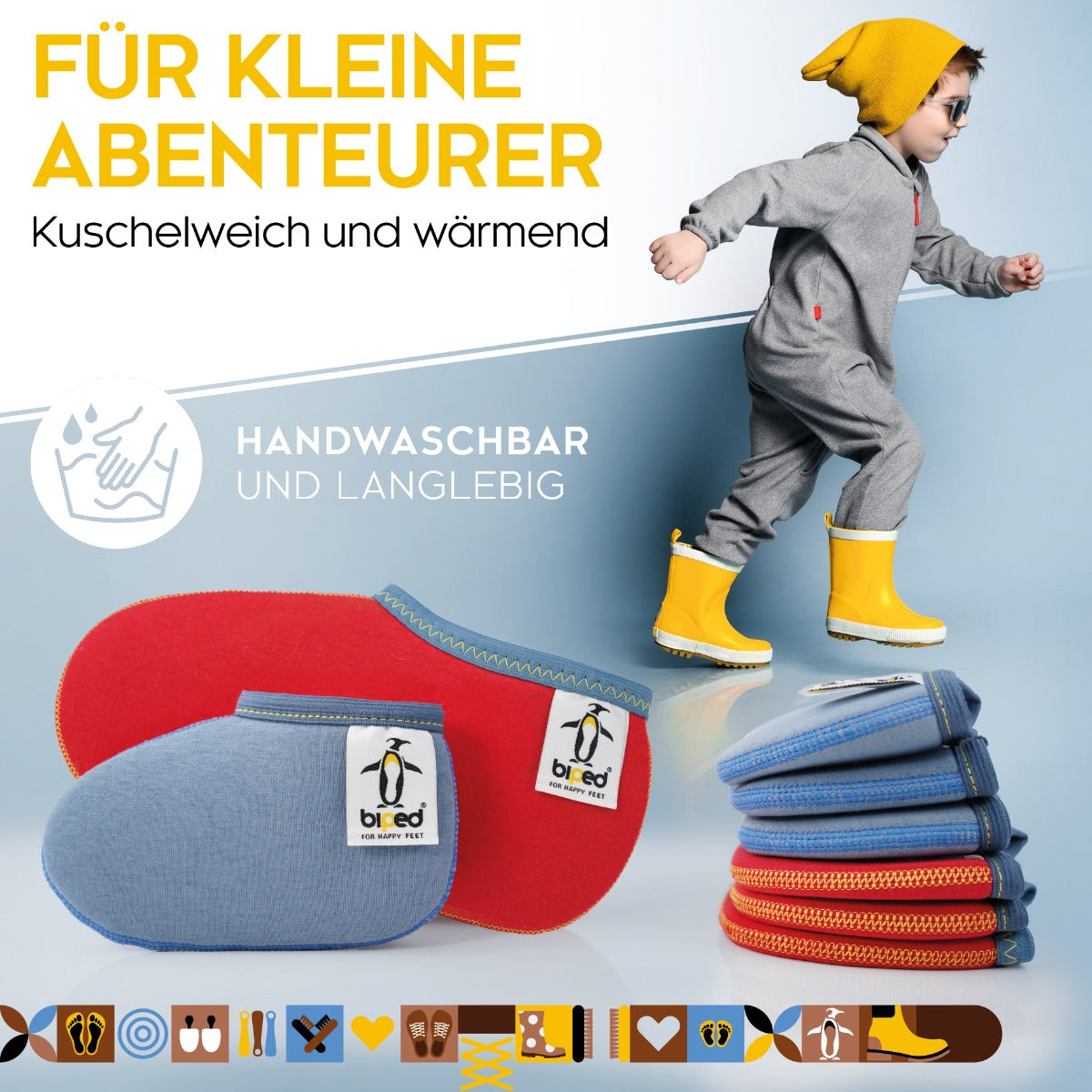 biped Kinder Stiefelsocken ZWERGPINGUIN – aus echter Baumwolle – Futter für Gummistiefel z2742