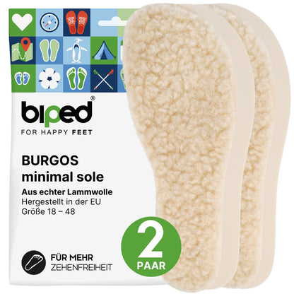 biped minimal sole BURGOS - 2 Paar Lammwoll Einlegesohlen - spezielle Form für Barfußschuhe