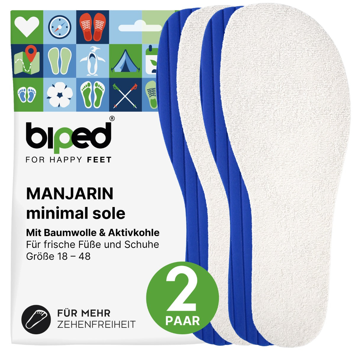biped minimal sole MANJARIN - 2 Paar Frottee Einlegesohlen - spezielle Form für Barfußschuhe