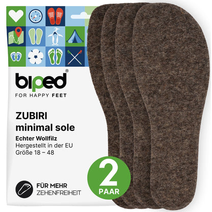 biped minimal sole ZUBIRI - 2 Paar Wollfilz Einlegesohlen - spezielle Form für Barfußschuhe