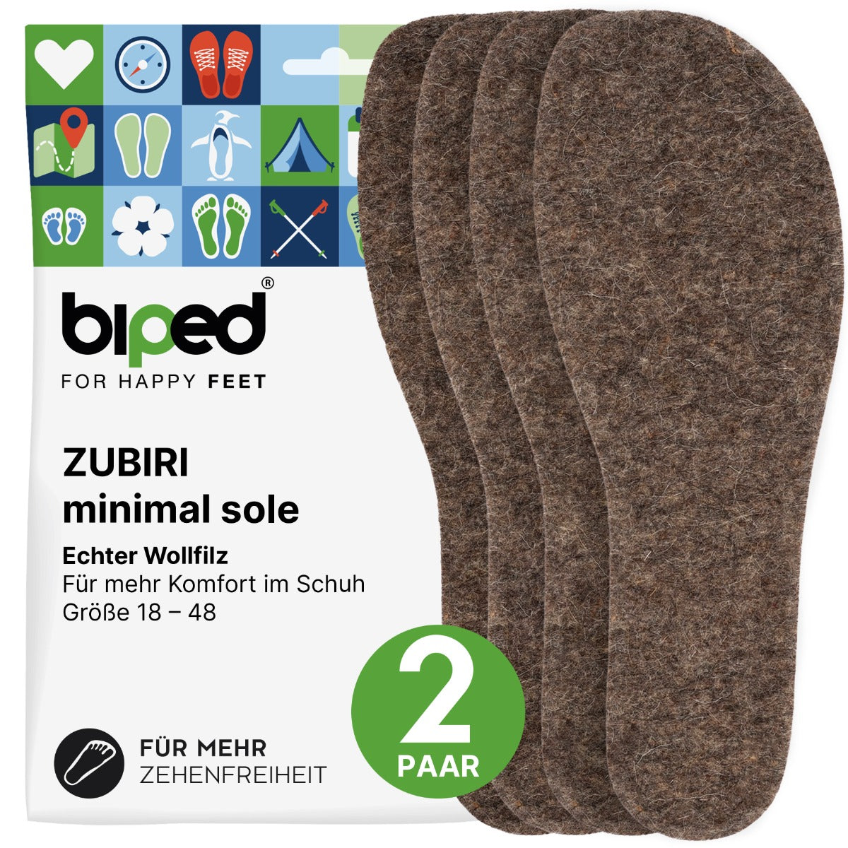 biped minimal sole ZUBIRI - 2 Paar Wollfilz Einlegesohlen - spezielle Form für Barfußschuhe