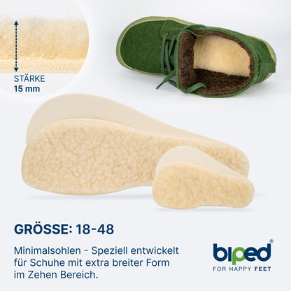 biped minimal sole BURGOS - 2 Paar Lammwoll Einlegesohlen - spezielle Form für Barfußschuhe