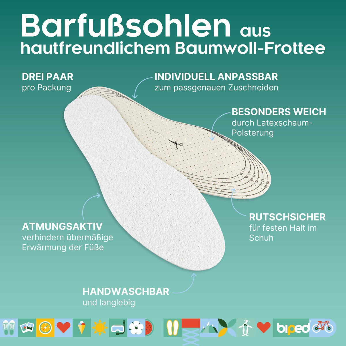 biped 3 Paar Frotteesohlen zum Zuschneiden - Ideal zum Barfußtragen z2028