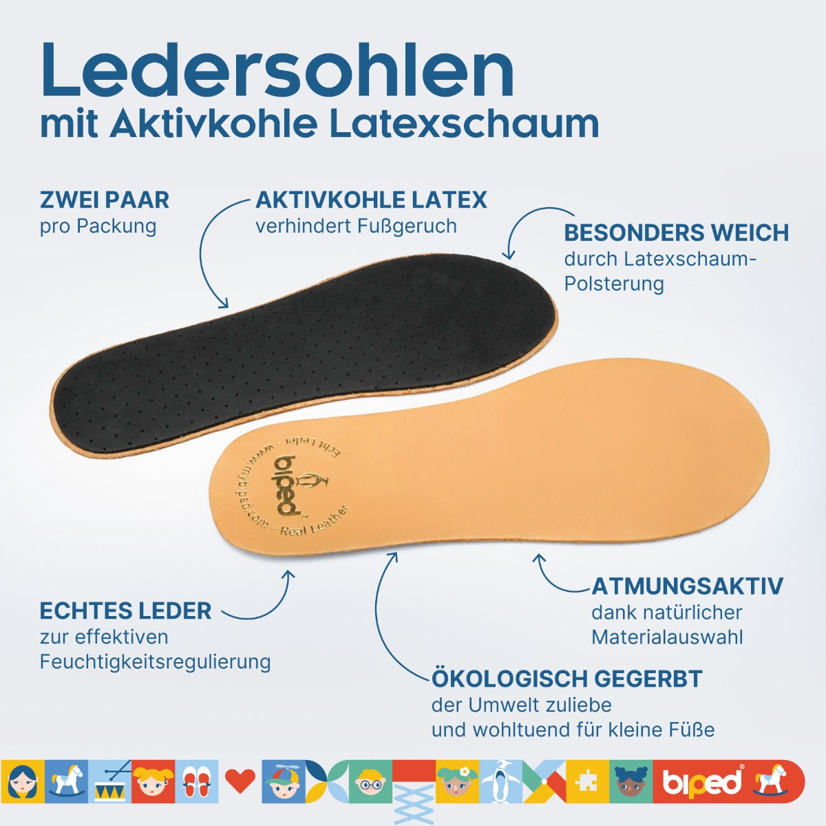 biped 2 Paar Kinder Premium Leder Einlegesohlen mit Aktivkohle Latex z2766