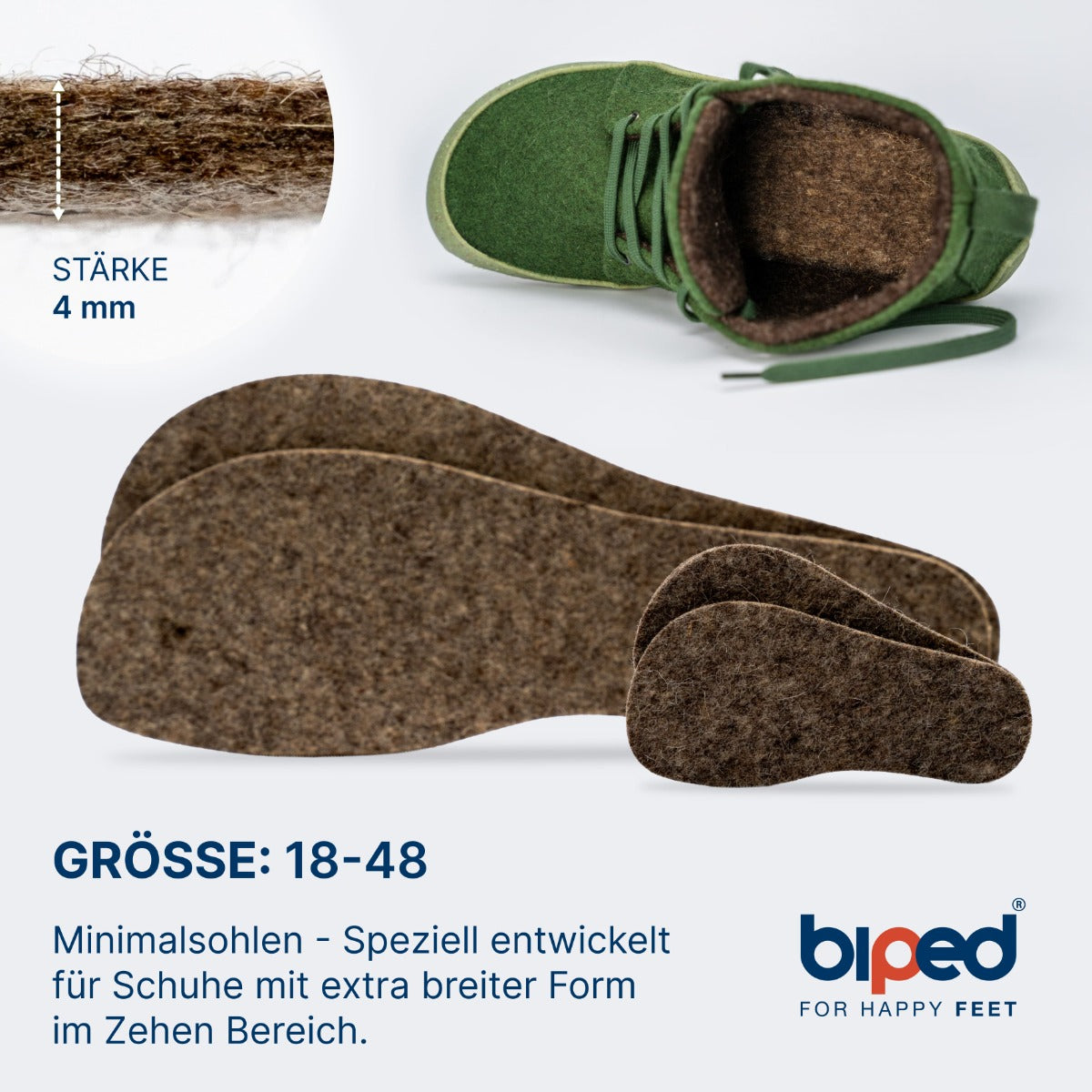 biped minimal sole ZUBIRI - 2 Paar Wollfilz Einlegesohlen - spezielle Form für Barfußschuhe