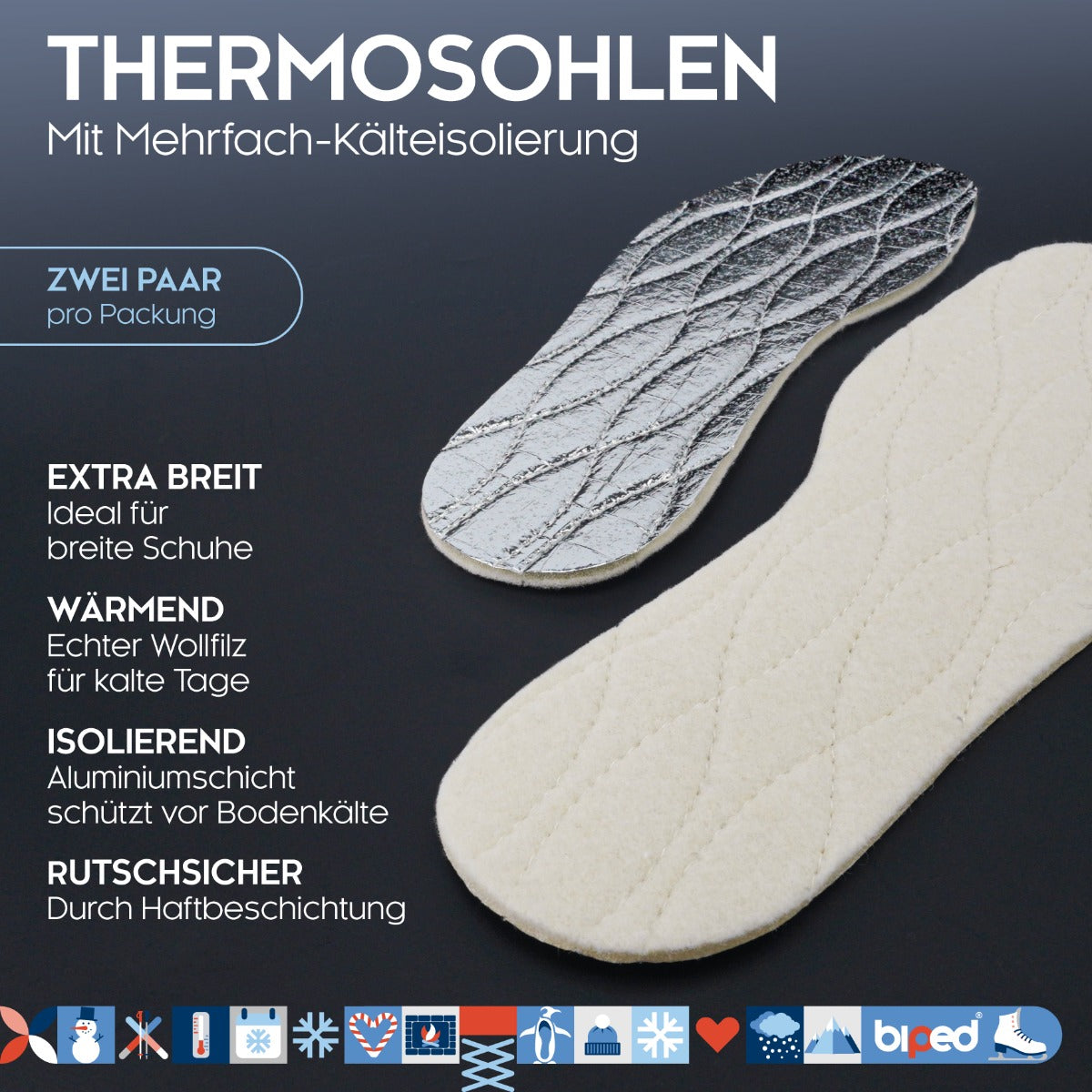 biped 2 Paar extra breite Thermosohlen mit Lammwolle z2735