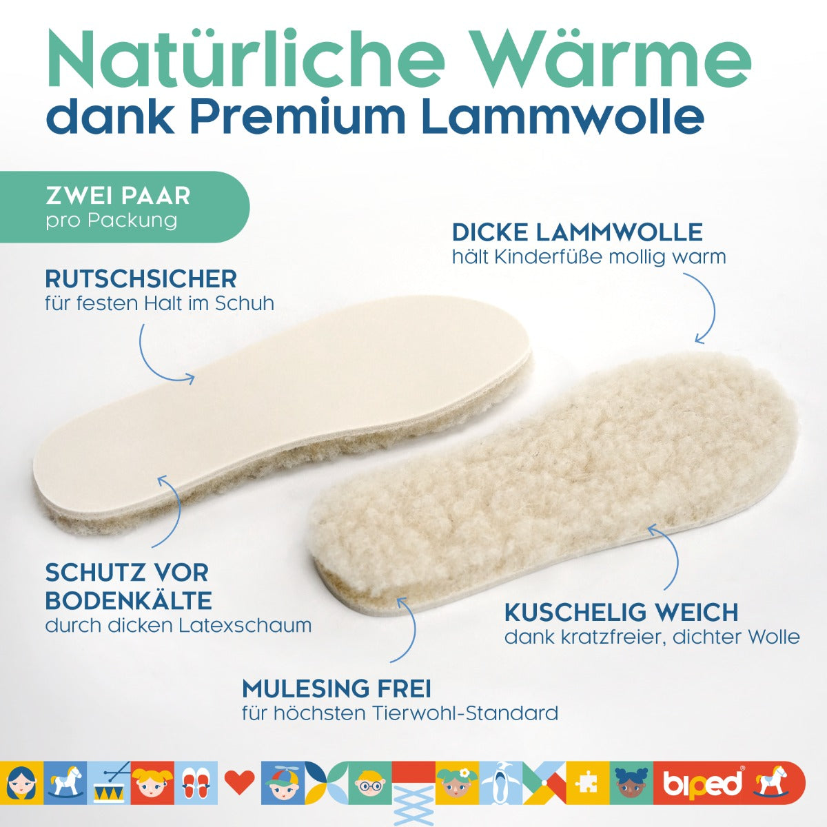 biped 2 Paar Kinder Lammwoll Einlegesohlen, extra dick z1021