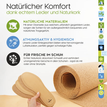 biped 2 Paar Premium Leder Einlegesohlen mit Kork Unterseite z2762