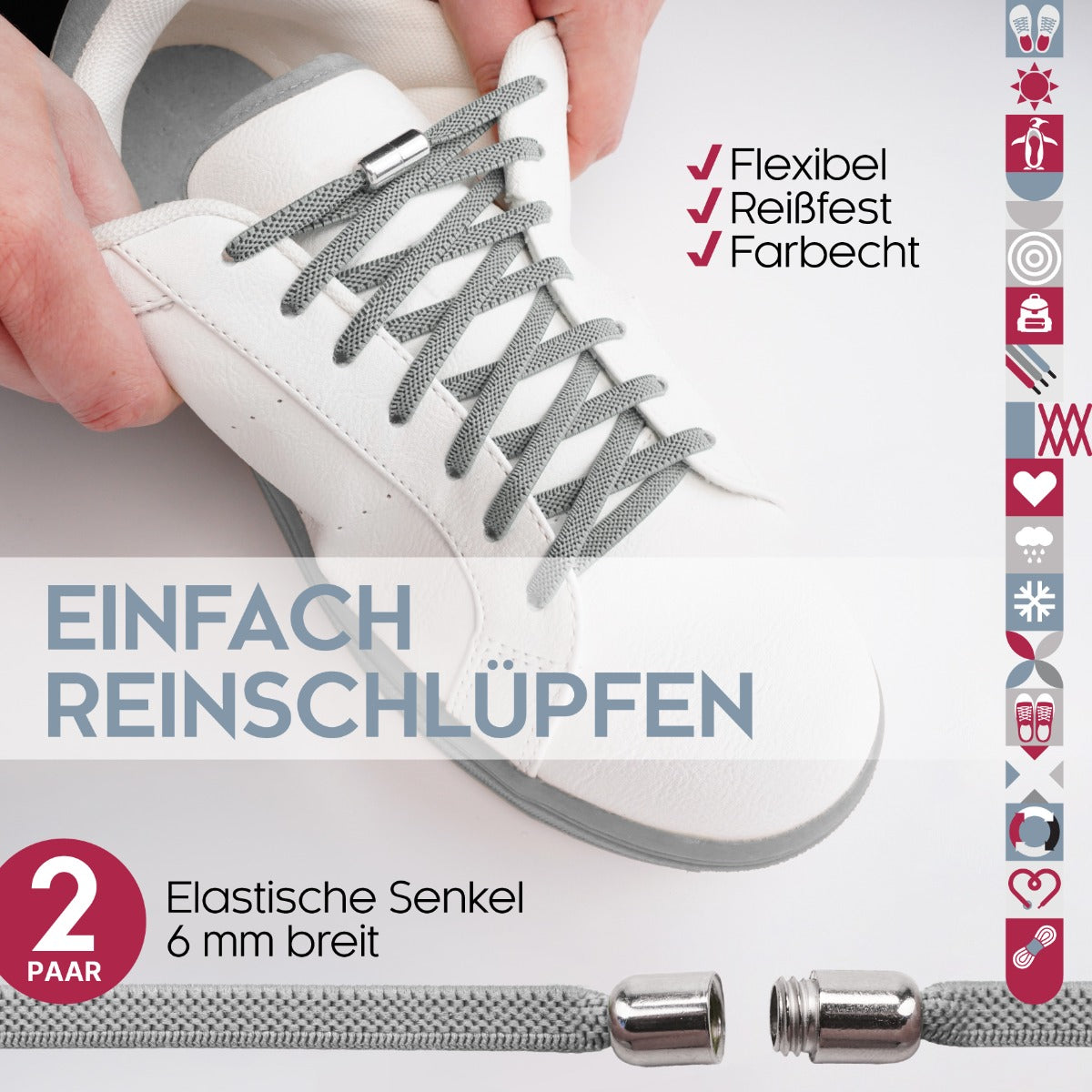 biped LACES 2 Paar elastische Schnürsenkel flach 6 mm - Mit Metallkapsel z2910