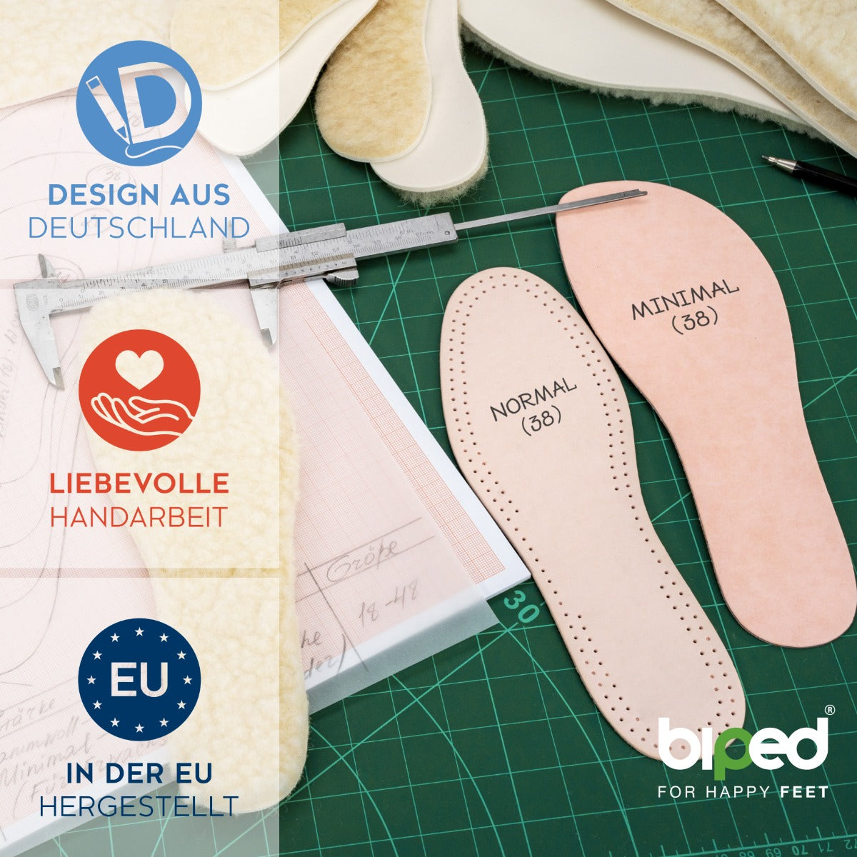 biped minimal sole BURGOS - 2 Paar Lammwoll Einlegesohlen - spezielle Form für Barfußschuhe