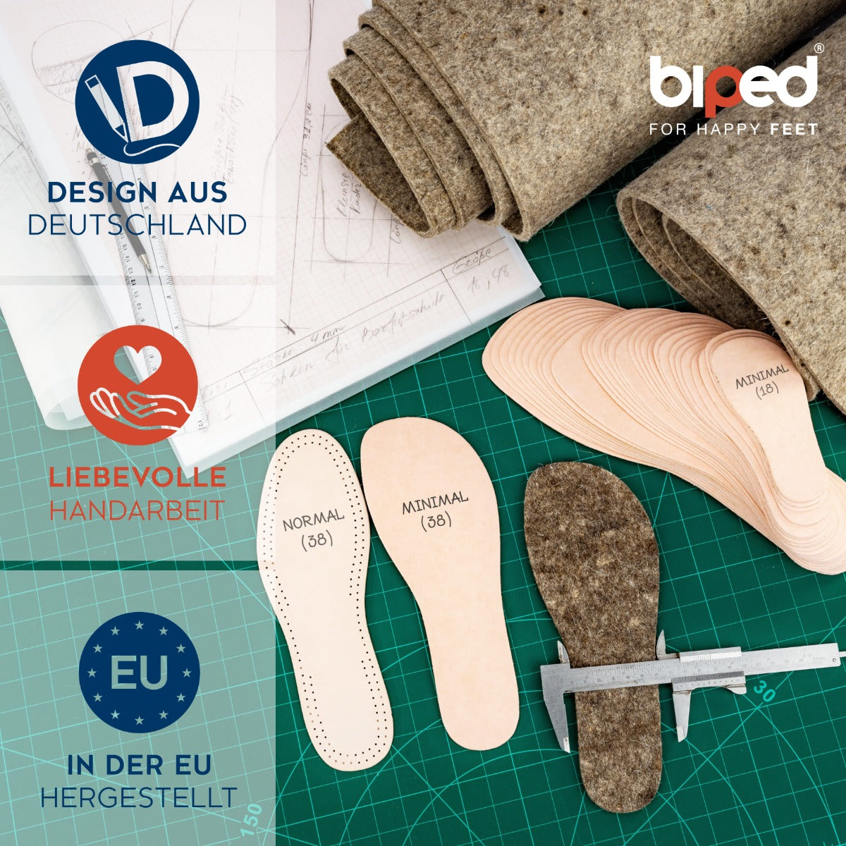 biped minimal sole ZUBIRI - 2 Paar Wollfilz Einlegesohlen - spezielle Form für Barfußschuhe