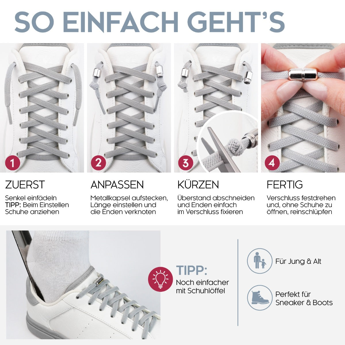 biped LACES 2 Paar elastische Schnürsenkel flach 6 mm - Mit Metallkapsel z2910