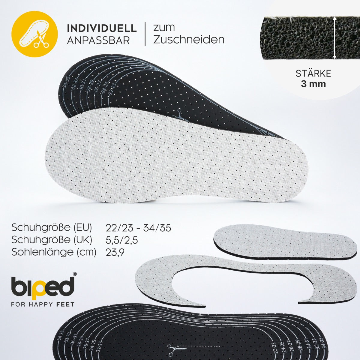 biped 3 Paar Kinder Aktivkohle Latex Einlegesohlen - zuschneidbar z2726