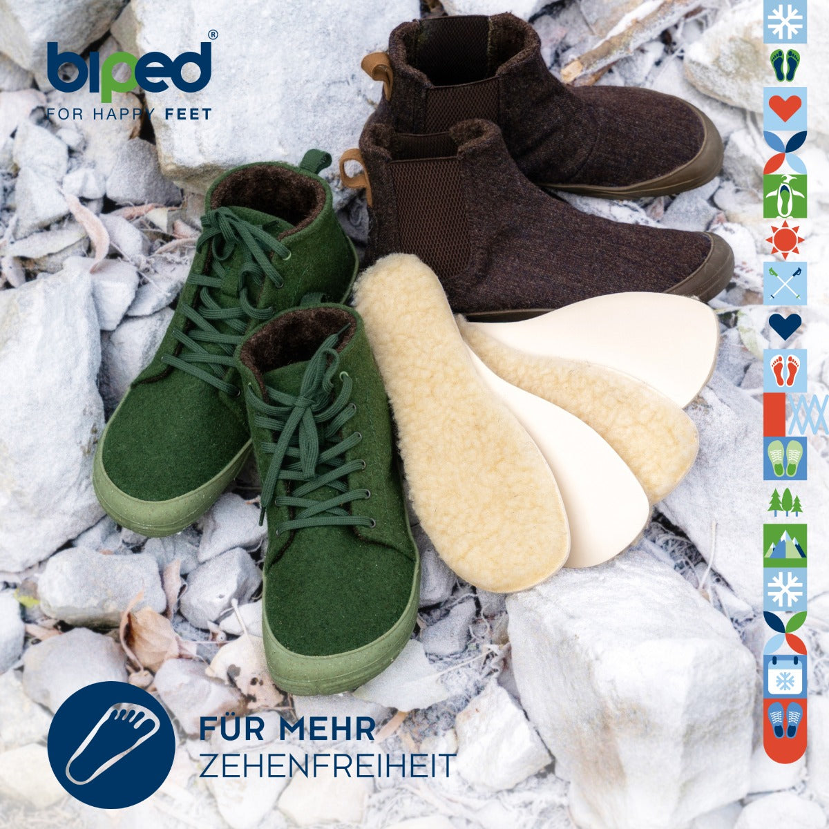 biped minimal sole BURGOS - 2 Paar Lammwoll Einlegesohlen - spezielle Form für Barfußschuhe