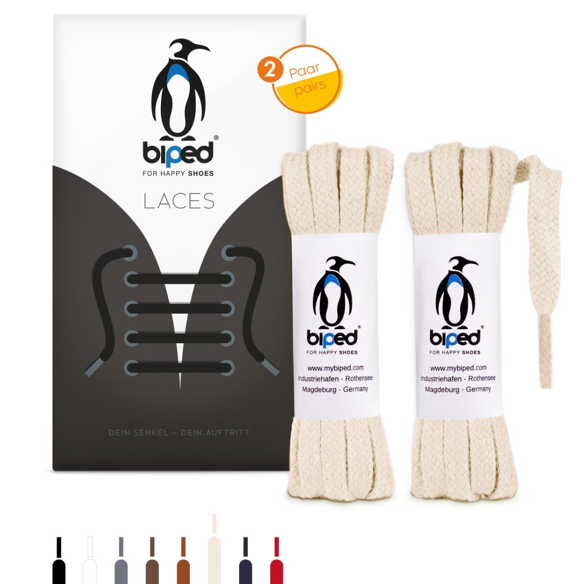 biped LACES 2 Paar flache Schnürsenkel aus Baumwolle 7 mm breit z2904